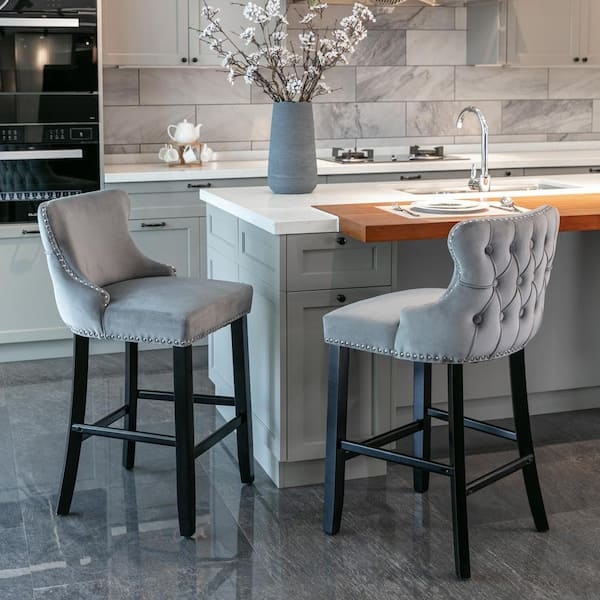 Gray Velvet Counter Height Bar Stools Wingback Diamond Tufting