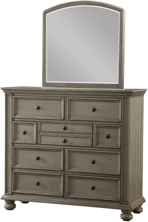 Grey Dresser with Arched Mirror and Multi-Drawer Bun Feet Design