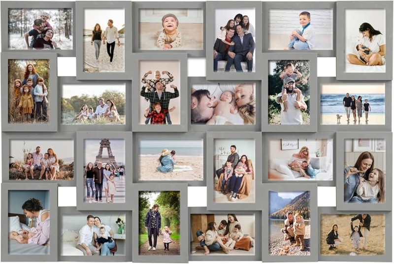 Grey Puzzle Frame, Staggered Layout, 24 Slots, Modern Display