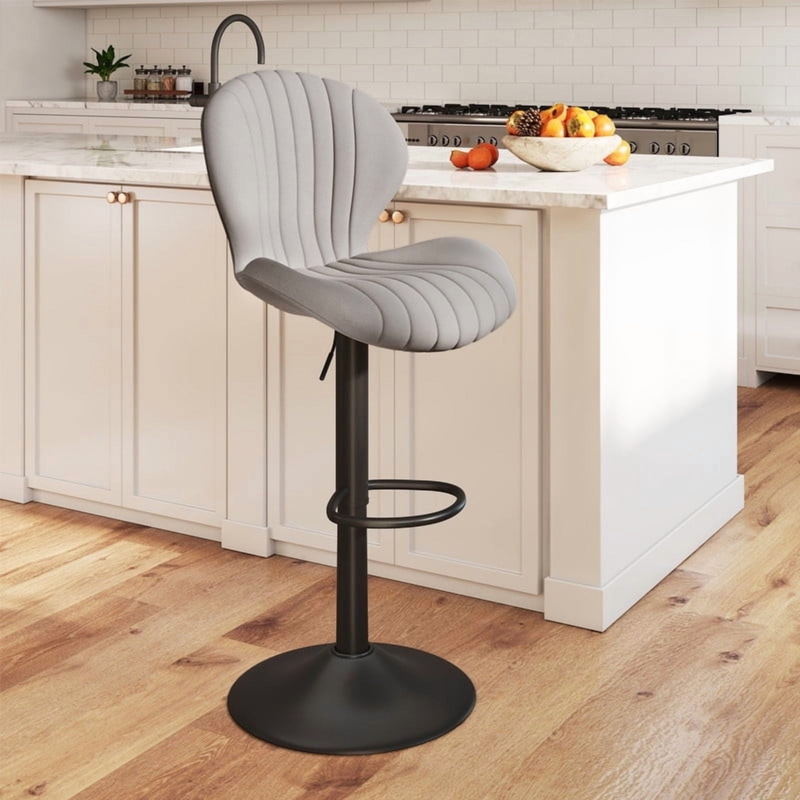 Grey Ribbed Upholstery Bar Stool, Matte Black Pedestal Base, Adjustable