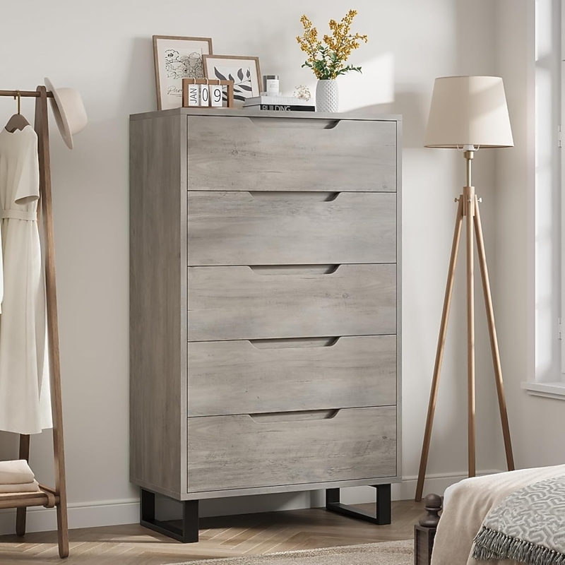 Grey Scandinavian Dresser with Recessed Handles and Black Sled Legs