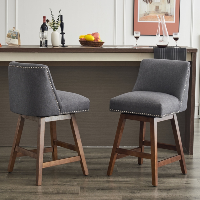 Grey Upholstered Counter Stools Nailhead Trim Swivel Wood Frame