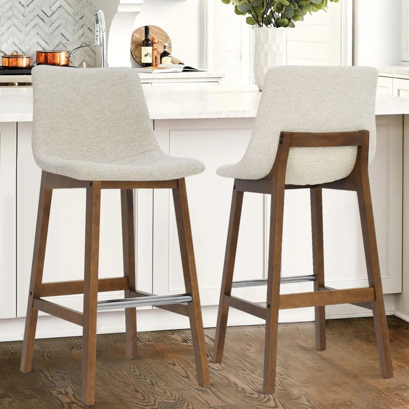 Grey Upholstered Counter Stools with Low Profile Back and Warm Wood Legs