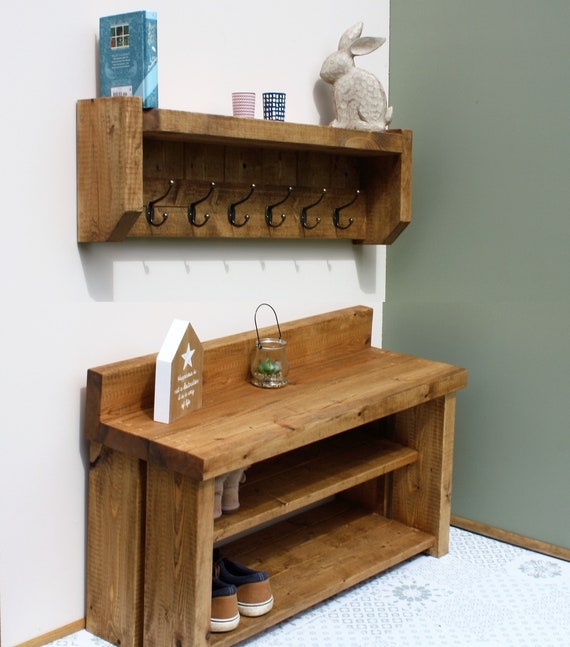 Hall Tree Chunky Wood Two Piece Set Rustic Farmhouse Entryway