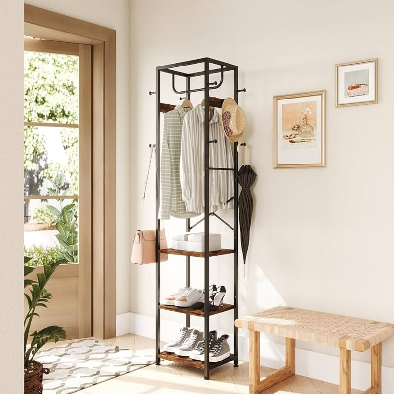 Hall Tree featuring Slim Profile Black Metal Frame and Three-Tier Storage