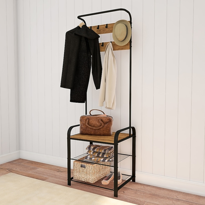 Hall Tree Industrial Rustic Mesh Shoe Shelves Integrated Hanging Rail