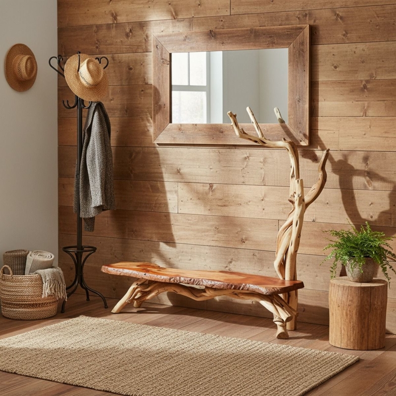 Hall Tree Live Edge Slab Bench Integrated Branch Rack Lodge Style