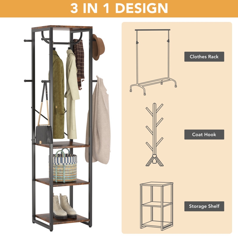 Hall Tree Metal Frame Wood Grain Shelves Hanging Rod Side Hooks