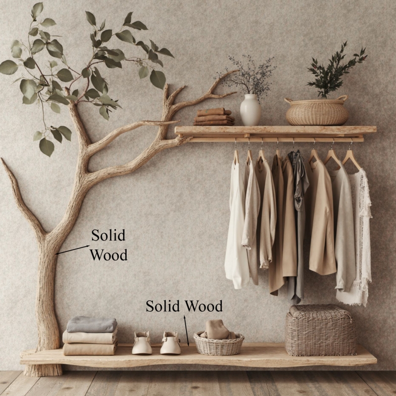 Hall Tree Organic Modern Solid Wood Branch Structure Natural Finish Shelves