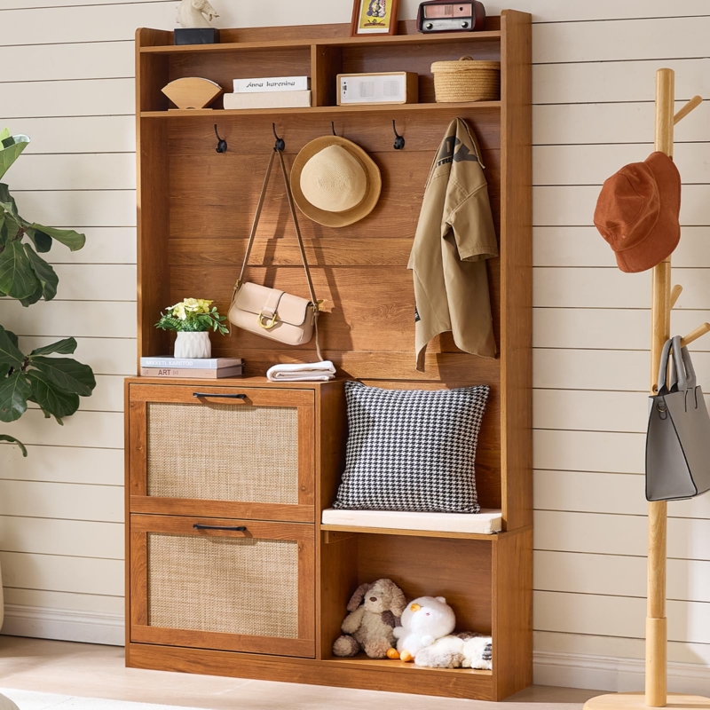 Hall Tree Rattan Front Flip Drawers Wood Toned Boho Farmhouse