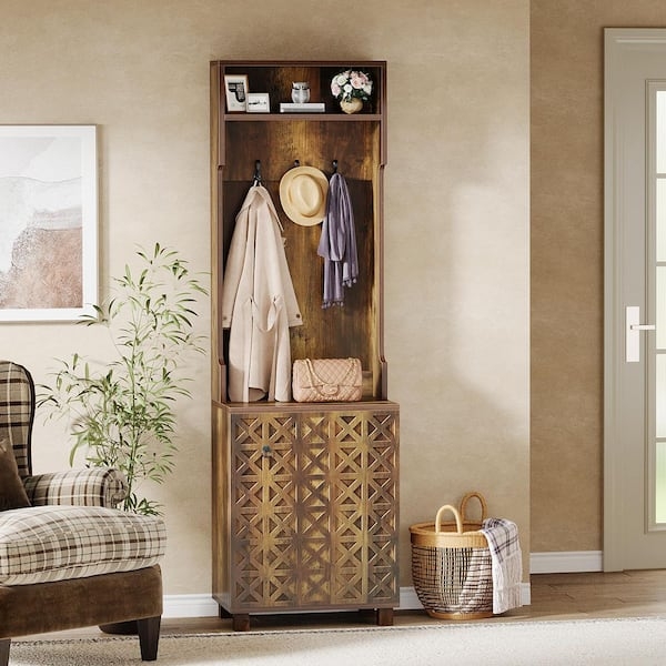 Hall Tree Rustic Geometric X Doors Storage Cabinet Hanging Hooks