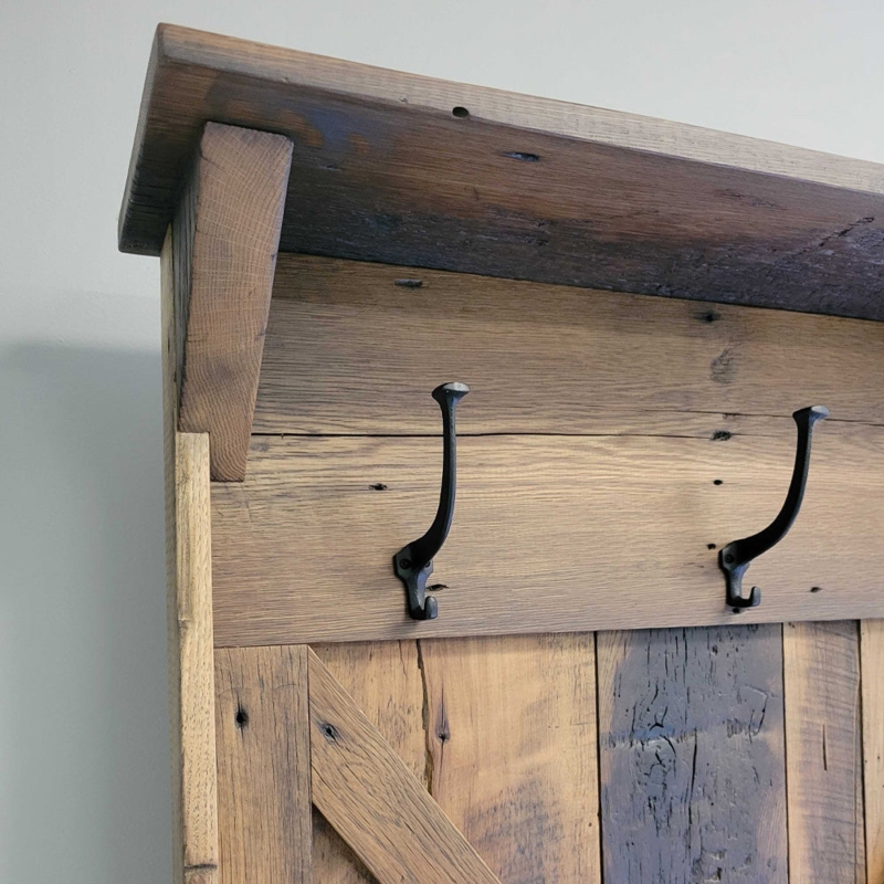 Hall Tree Weathered Wood Back Paneling Black Metal Hooks