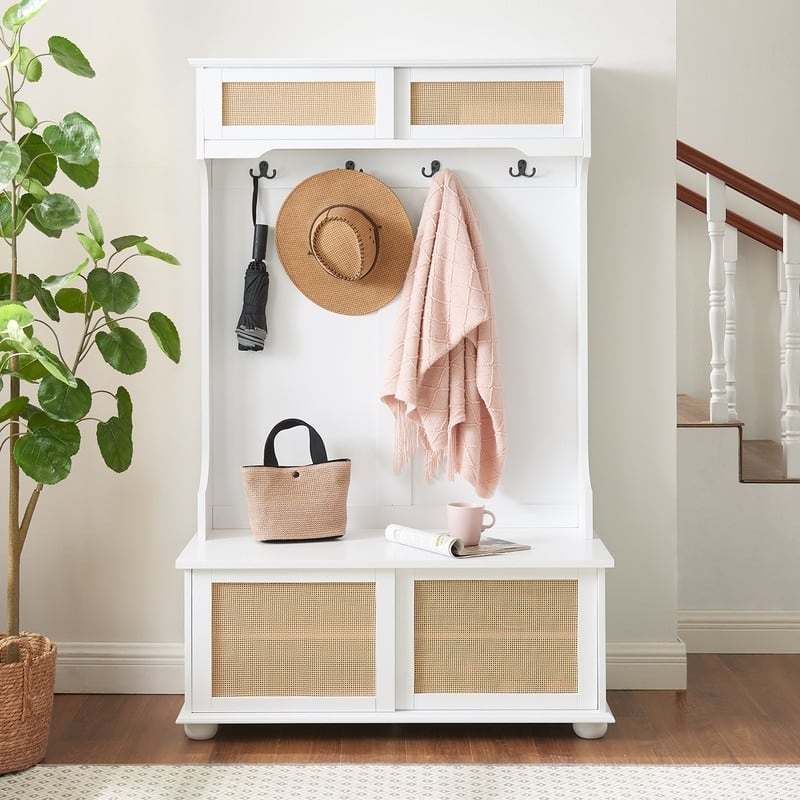 Hall Tree White Rattan Sliding Doors Integrated Bench Boho Modern