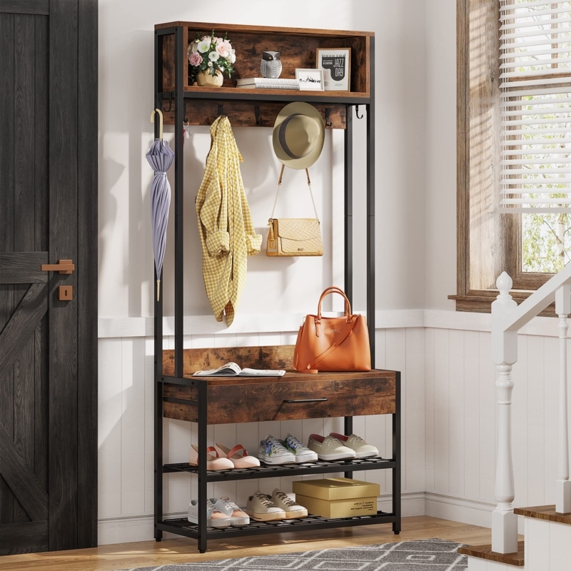 Hall Tree with Hutch Shelf, Mesh Shoe Racks, and Integrated Drawer