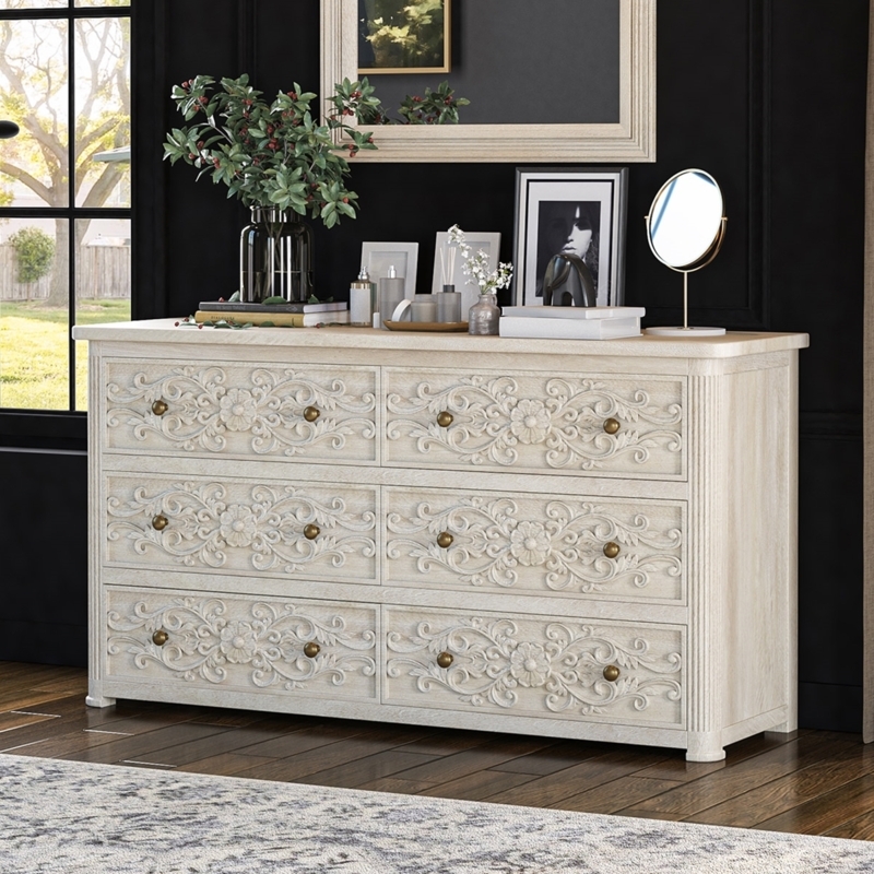 Hand-Carved Double Dresser Whitewashed Floral Panels Bohemian