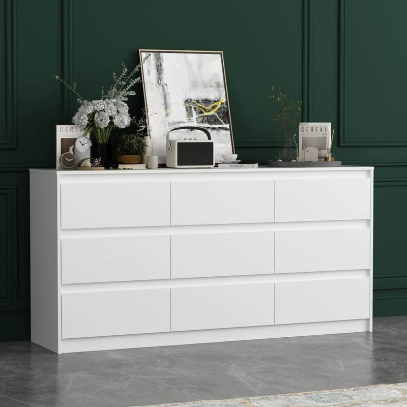Handleless White 9-Drawer Dresser, Recessed Base & Wide Silhouette