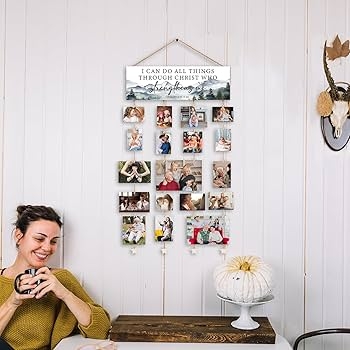 Hanging Photo Display, Rustic Farmhouse Clip-On with Bible Verse Sign.