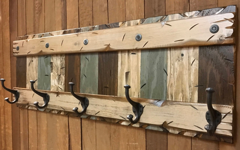 Heavily Distressed Wall Mounted Coat Rack Multi Tone Wood Rustic