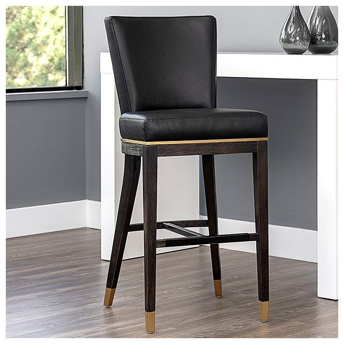High Back Barstool Wood Toned Frame Faux Leather Gold Metal Feet