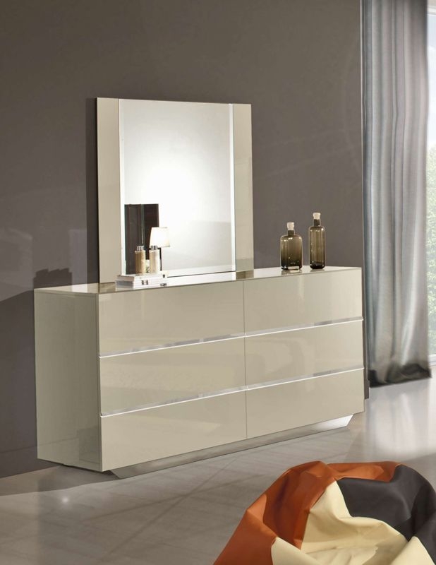 High-Gloss Beige Double Dresser with Silver Accents and Mirror