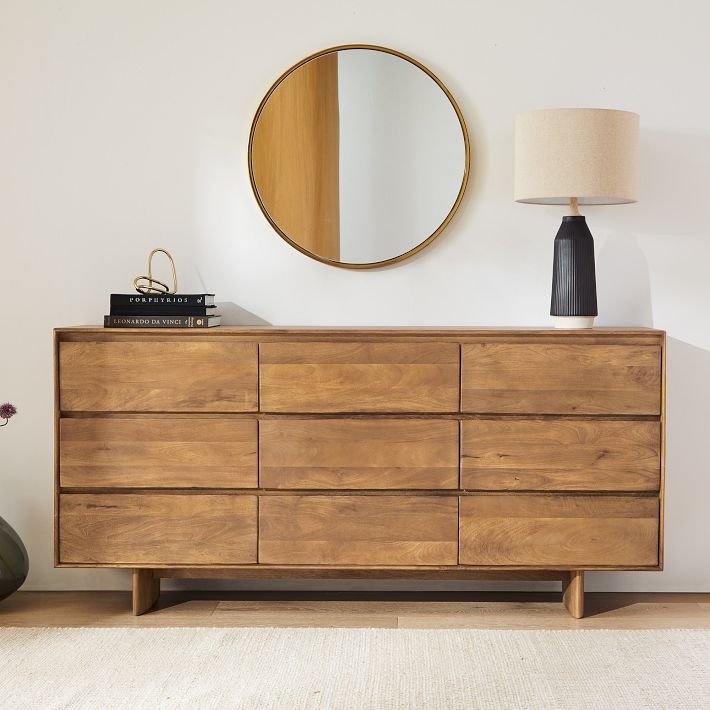 Honey Wood 9-Drawer Dresser, Integrated Pulls & Trestle Base