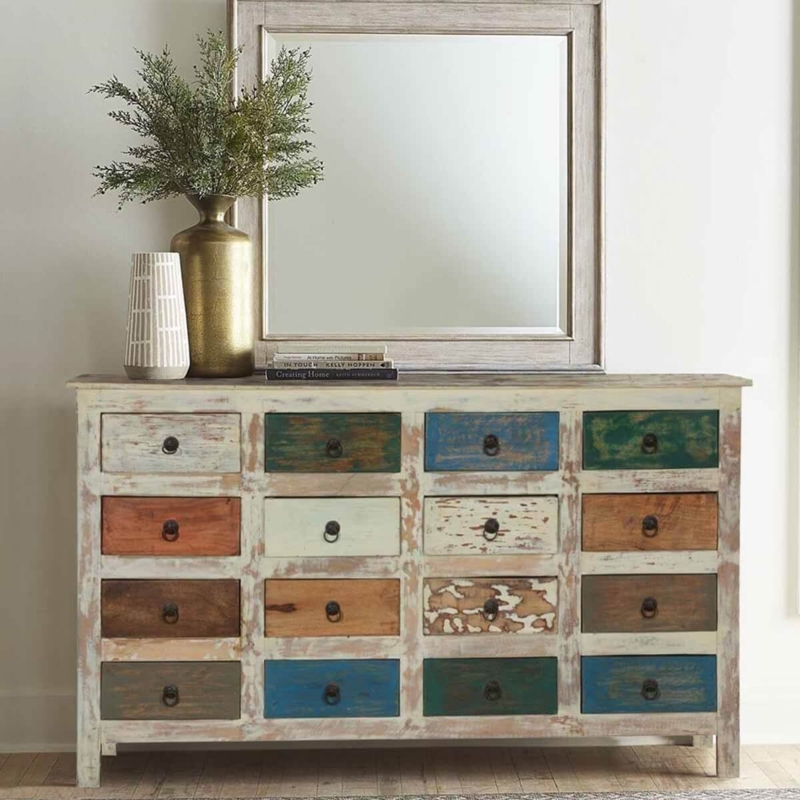 Horizontal Dresser Rustic Bohemian Heavily Distressed Frame 16 Drawers