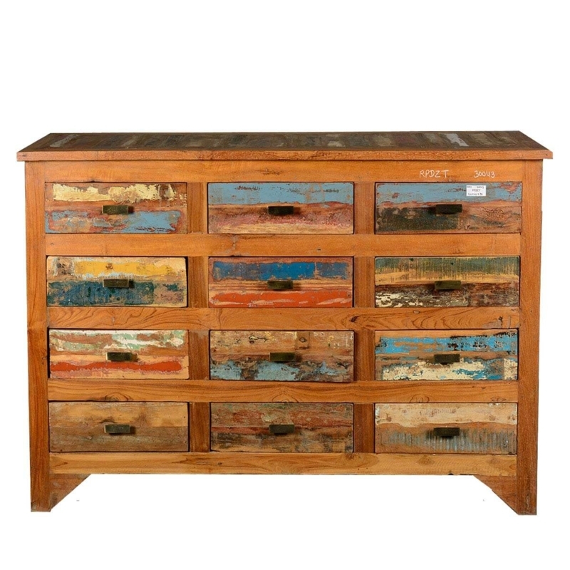 Horizontal Dresser Rustic Multicolored Reclaimed Wood 12 Drawers