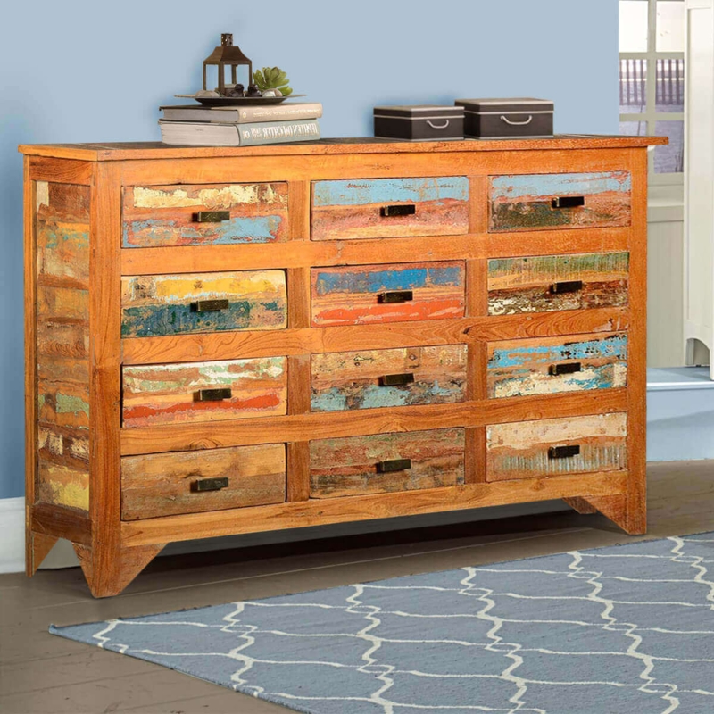 Horizontal Dresser Rustic Reclaimed Wood 12 Drawer Multicolored Fronts