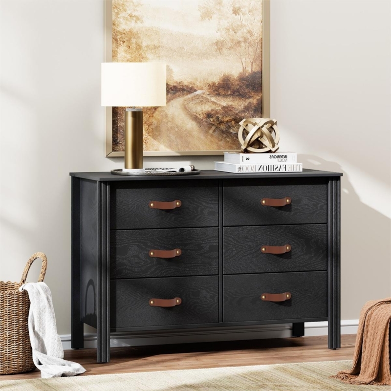 Horizontal Dresser Six-Drawer Industrial with Leather Pulls