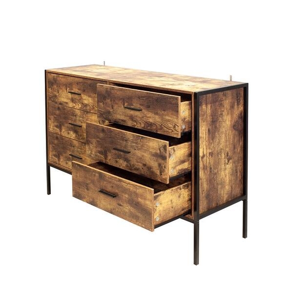 Horizontal Six-Drawer Dresser with Metal Frame