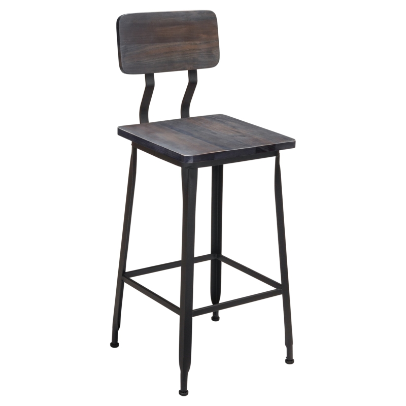 Industrial Bar Stool: Distressed Walnut Finish, Curved Metal Back