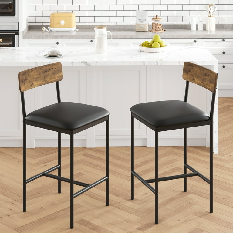 Industrial Bar Stool Mixed Material Backrest Matte Black Frame Kitchen