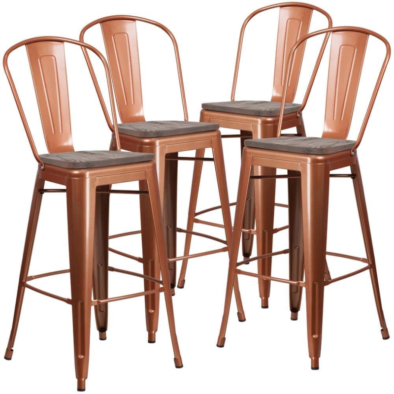Industrial Bar Stool Set of 4 with Dark Wood Seats