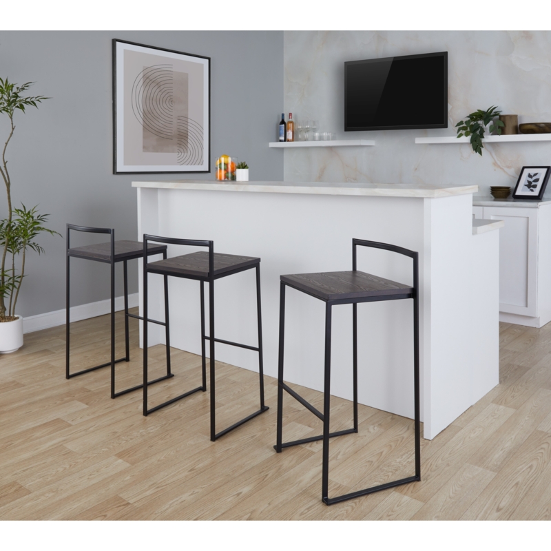 Industrial Bar Stool with Low Backrest and Wood Seat on Metal Frame