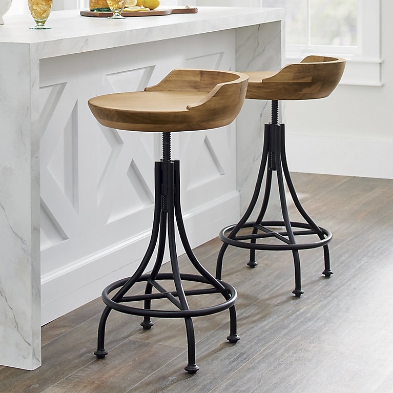 Industrial Bar Stools with Screw Adjustment Mechanism and Wood Seat