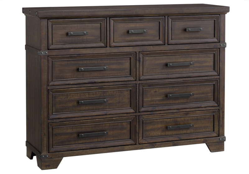 Industrial Bedroom Dresser 9 Drawer Metal Corner Accents Dark Wood