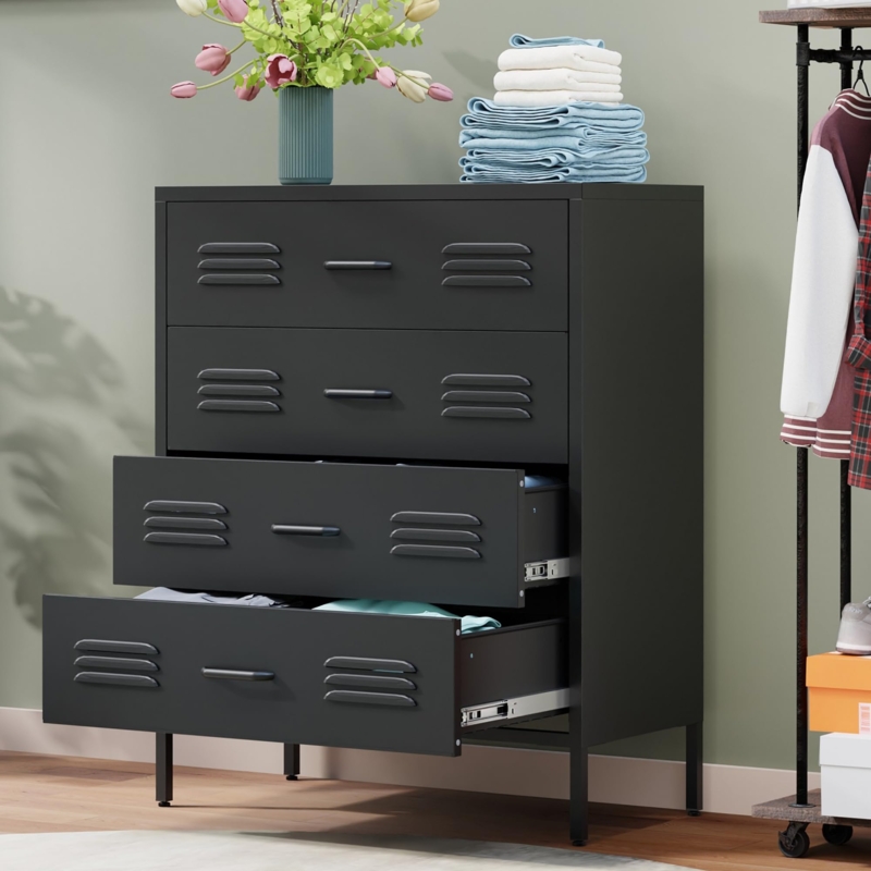 Industrial Black Metal Dresser with Louvered Vents