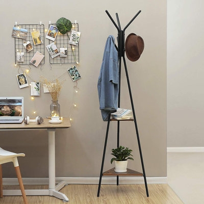 Industrial Coat Rack featuring Tripod Silhouette and Triangular Shelves