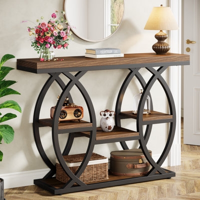 Industrial Console Table with Circular Interlocking Frame & Shelves