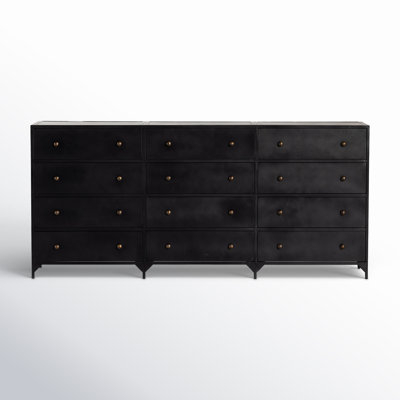 Industrial Dresser Mottled Charcoal Finish 12 Drawers Brass Knobs