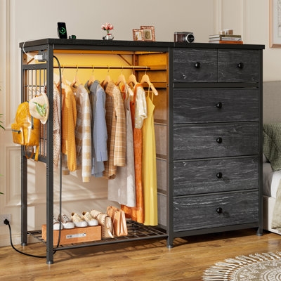 Industrial Dresser With Integrated Clothes Rack and Power Strip