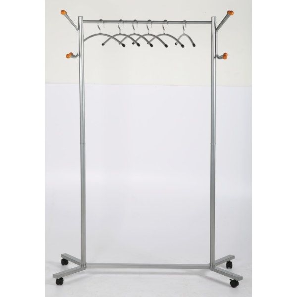 Industrial Garment Rack, Satin Silver, Wood-Toned Side Hooks, H-Base