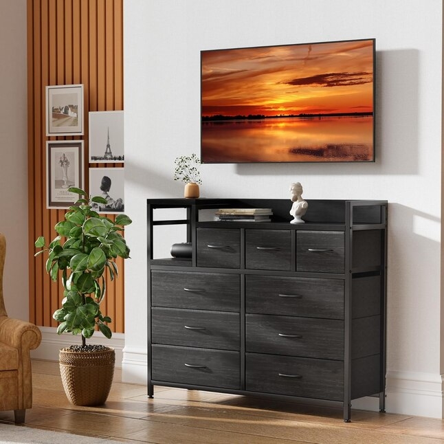 Industrial Media Stand Dresser with Integrated Media Shelf and 9 Drawers