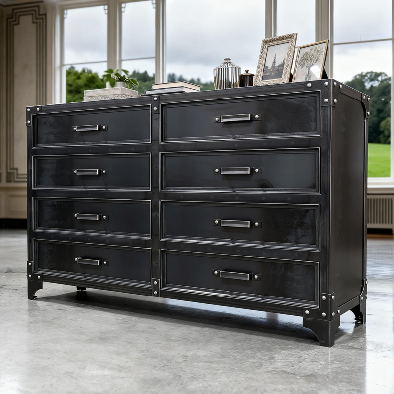 Industrial Metal Eight Drawer Dresser with Rivet Details