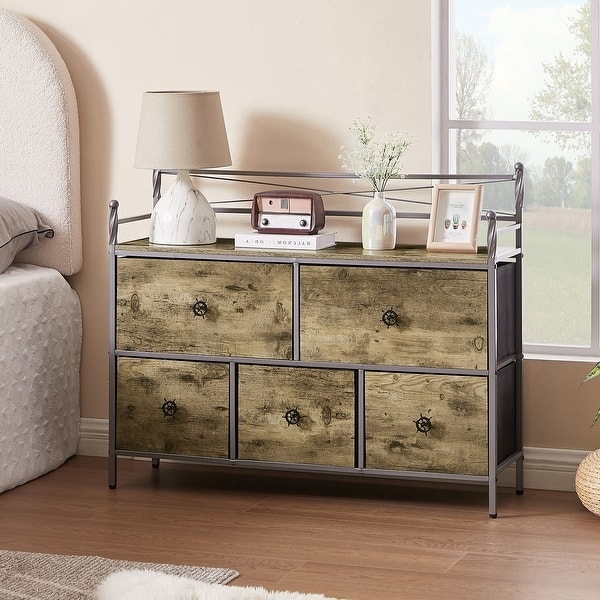 Industrial Metal Frame Dresser with Ship Wheel Knobs and Scrollwork