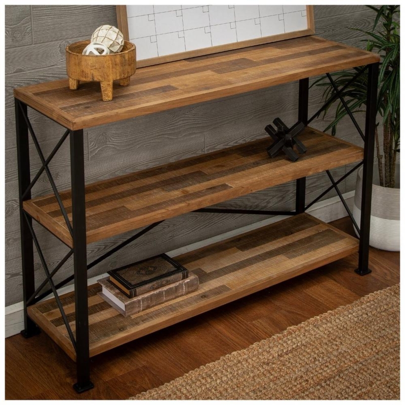 Industrial Modern Console Table with Crossbuck Sides & Wood Planks