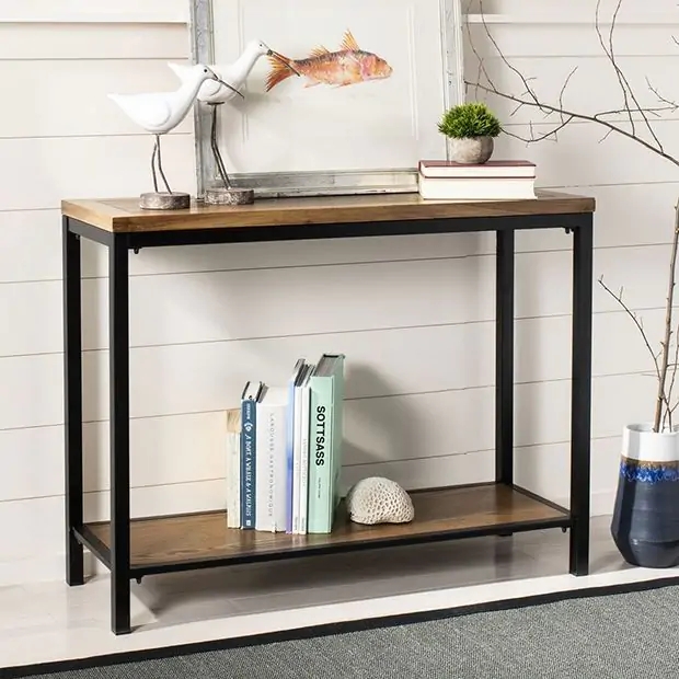 Industrial Modern Console Table Wood Two Tier Black Metal Slim