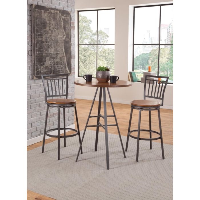 Industrial Pub Table Set Three Piece Wood and Metal Swivel Stools