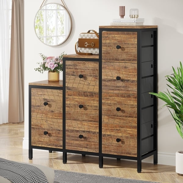 Industrial Stepped 9-Drawer Dresser, Chevron Wood & Metal Frame