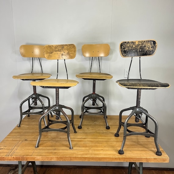 Industrial Stool Distressed Seat Finish Screw Adjustment Curved Back